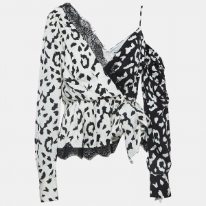 Self-Portrait Black/White Leopard Print Crepe Wrap Top M
