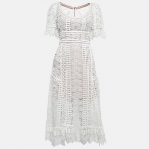 Self-Portrait White Floral Pattern Lace Midi Dress S