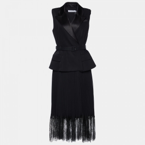 Self-Portrait Black Crepe Midi Pleated Belted Dress M