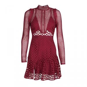Self Portrait Raspberry Red Hall Lace Long Sleeve Dress S