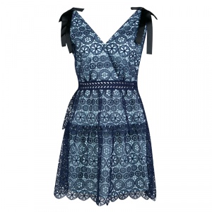 Self Portrait Navy Blue Guipure Lace Bow Detail Tiered Mini Dress M 