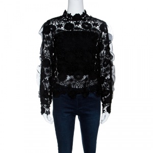 Self Portrait Black Floral Guipure Lace Chiffon Ruffle Trim Naia Top M