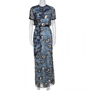Self Portrait Blue Floral Embroidered Layered Florentine Maxi Dress S