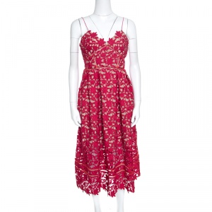 Self Portrait Red Floral Guipure Lace Noodle Strap Azaelea Midi Dress M