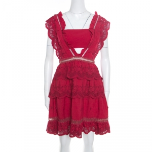 Self Portrait Raspberry Red Eyelet Embroidered Tiered Sleeveless Peplum Dress M