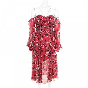 Self Portrait Red and Black Floral Printed Lace Insert Off Shoulder Dress S