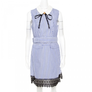 Self Portrait Blue Striped Cotton Belted Sleeveless Mini Dress M