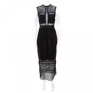 Self Portrait Black Eyelet Lace Sheer Paneled Sleeveless Midi Dress S