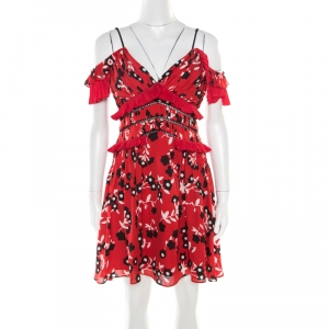 Self Portrait Red and Black Floral Printed Lace Insert Cold Shoulder Dress M