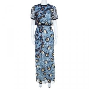 Self Portrait Blue Floral Embroidered Layered Florentine Maxi Dress S
