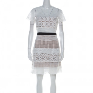 Self Portrait White Oblique Lace Contrast Waist Trim Mini Dress M 