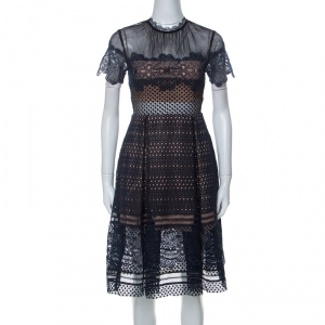 Self Portrait Navy Blue Mesh Yoke Guipure Lace Fit & Flare Felicia Dress S