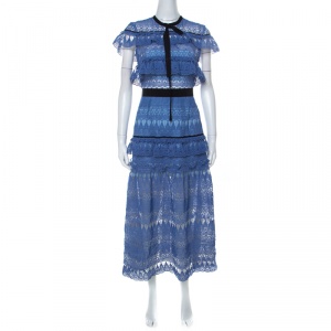 Self-Portrait Blue Teardrop Guipure Lace Ruffled Daphne Midi Dress M