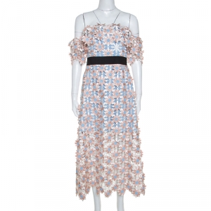 Self-Portrait Peach Floral Lace Applique Off Shoulder Midi Dress M