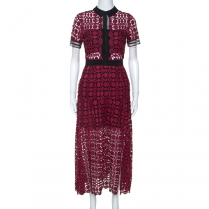 Self Portrait Burgundy Contrast Trim Detail Embroidered Lace Dress S