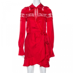 Self-Portrait Red Satin Jacquard Lace Trim Wrap Dress S