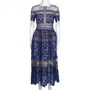 Self Portrait Blue Guipure Lace & Mesh Paneled Liliana Midi Dress S