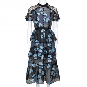 Self-Portrait Black & Blue Floral Fil Coupe Cape Detail Tiered Midi Dress M