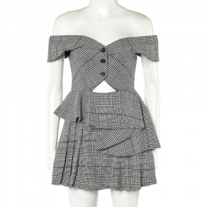 Self Portrait Monochrome Checkered Cutout Detail Off Shoulder Mini Dress S