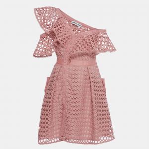 Self-Portrait Pink Guipure  Ruffle One Shoulder Mini Dress S