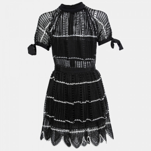 Self-Portrait Black Crochet Lace Scalloped Hem Mini Dress S
