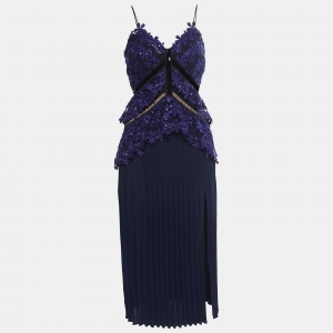 Self-Portrait Blue Guipure Lace Pleated Midi dress S
