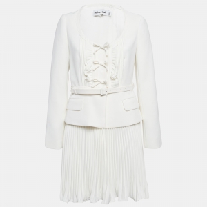 Self-Portrait White Pleated Crepe Belted Peplum Midi Dress M