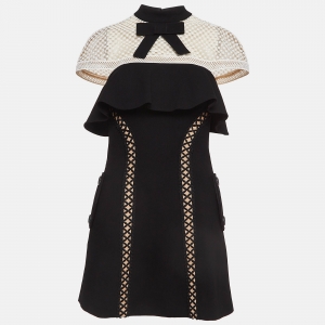 Self-Portrait Black Crepe Lace Trimmed Mini Dress S