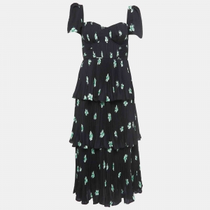 Self-Portrait Black Pansy Print Chiffon Tiered Midi Dress M