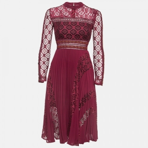 Self-Portrait Burgundy Lace and Crepe Plisse Midi Dress S