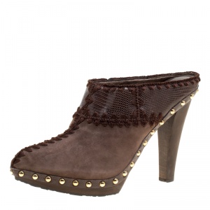 Pre Owned Sergio Rossi Brown Suede Stud Trim Wooden Platform Pointed Toe Mules Size 40