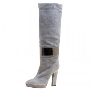 Pre Owned Sergio Rossi Grey Suede Metal Cuff Boots Size 41