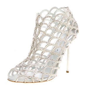 Pre Owned Sergio Rossi Silver Crystal Embellished Scalloped Suede Peep Toe Caged Booties Size 40