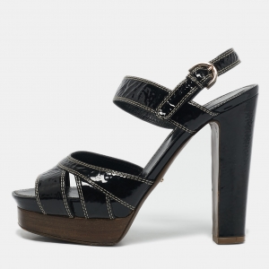 Sergio Rossi Black Patent Leather Platform Ankle Strap Sandals Size 37.5