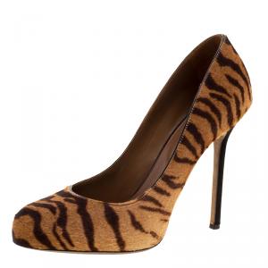 Pre Owned Sergio Rossi Brown Tiger Stripes Print Pony Hair Pumps Size 40