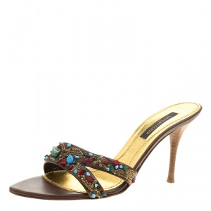 Pre Owned Sergio Rossi Brown Leather Beaded Slide Sandals Size 38