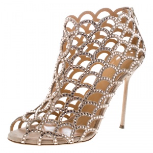 Pre Owned Sergio Rossi Beige Crystal Embellished Scalloped Suede Peep Toe Caged Booties Size 40