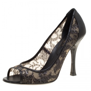 Pre Owned Sergio Rossi Black Lace And Leather Peep Toe Pumps Size 38.5