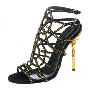 Pre Owned Sergio Rossi Black Laser Cut Suede Crystal Embellished Puzzle Peep Toe Sandals Size 37.5