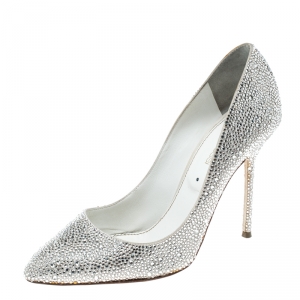 Pre Owned Sergio Rossi White Satin Crystal Embellished Pumps Size 37.5