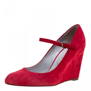 Pre Owned Sergio Rossi Red Suede Mary Jane Wedge Pumps Size 37.5