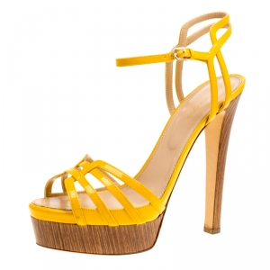 Pre Owned Sergio Rossi Yellow Patent Leather Paloma Ankle Strap Platform Sandals Size 39