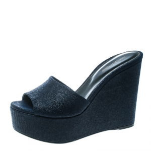 Pre Owned Sergio Rossi Navy Blue Embossed Suede Lakeesha Peep Toe Wedge Sandals Size 39 