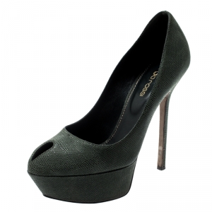 Pre Owned Sergio Rossi Green Textured Suede Leather Cut Out Platform Pumps Size 35