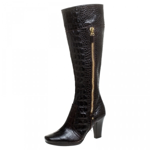Pre Owned Sergio Rossi Dark Brown Crocodile Double Zip Knee High Boots Size 36.5