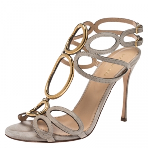 Pre Owned Sergio Rossi Grey Suede Circular Metal And Cut Out Detail Farrah Open Toe Sandals Size 39.5