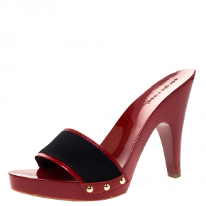 Pre Owned Sergio Rossi Black/Red Satin and Wooden Slide Sandals Size 37