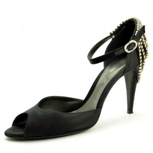 Pre Owned Sergio Rossi Black Satin Diamante Studded Ankle Strap Sandals Size 41