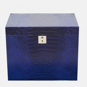 Smythson Blue Croc Embossed Leather Deluxe Jewelry Box in Mara