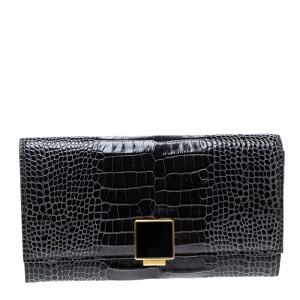 Smythson Dark Grey Croc Embossed Leather Continental Wallet